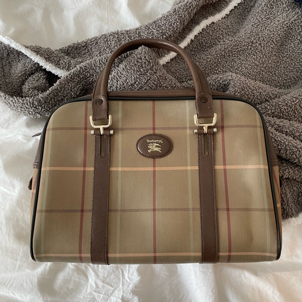 Burberry Tan and Brown Check Bowling Bag
